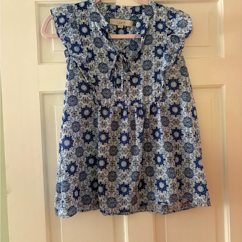 LOFT Blue and White Floral Blouse with Ruffle Sleeves